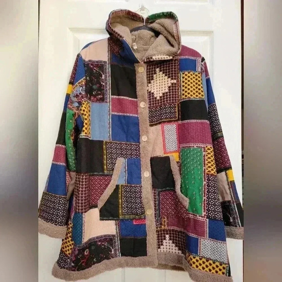Women's Coat of Many Colors Printed Patchwork Fleece Hooded Jacket Plus Size 2x - Picture 1 of 3